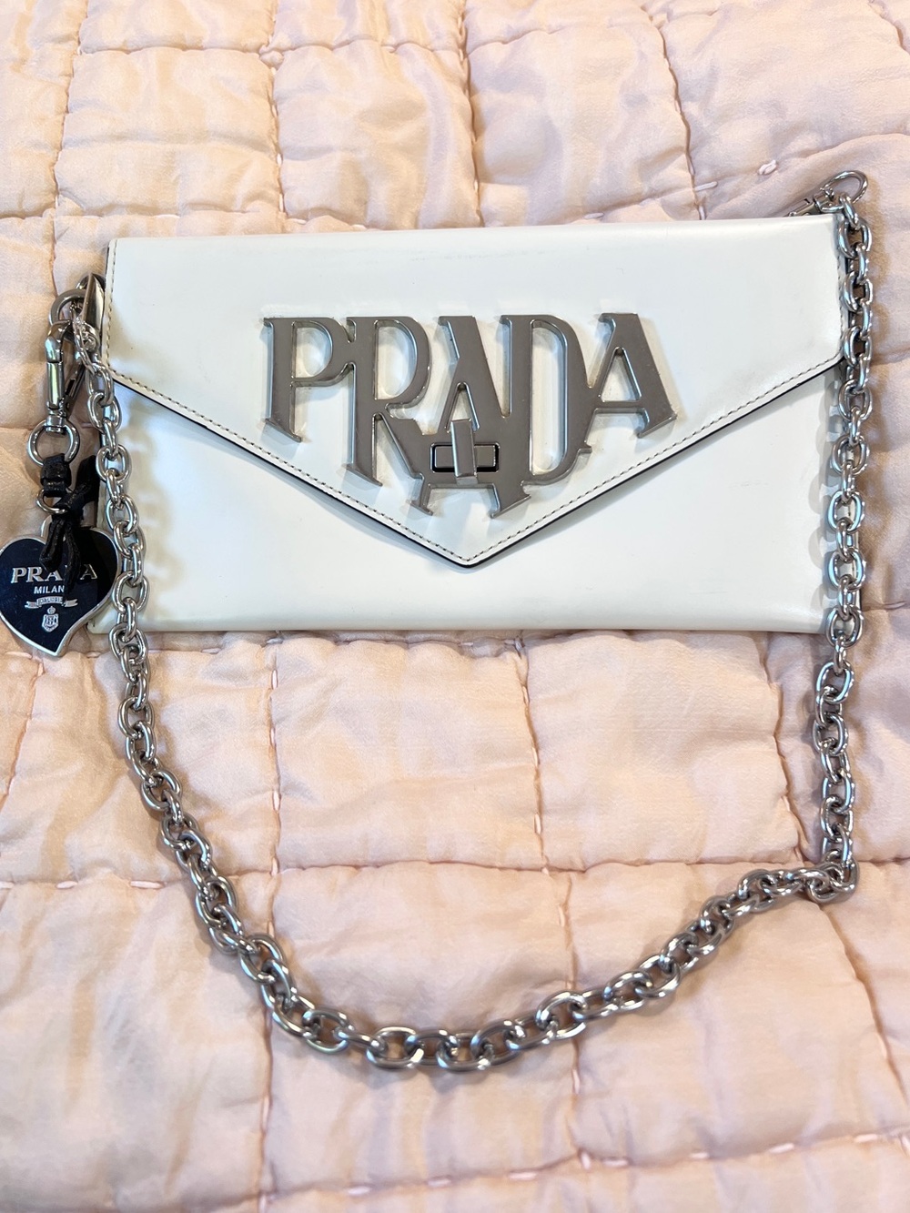 PRADA⭐️offers... Spazzolato logo White Leather Envelope Clutch with Silver Chain